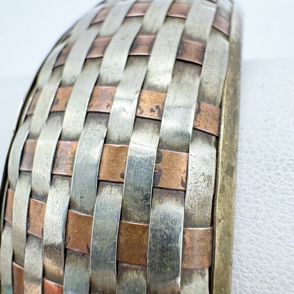 Vtg Woven Mixed Metal Brass Chunky Bangle Bracelet Boho Bohemian Copper Silver - Picture 6 of 13